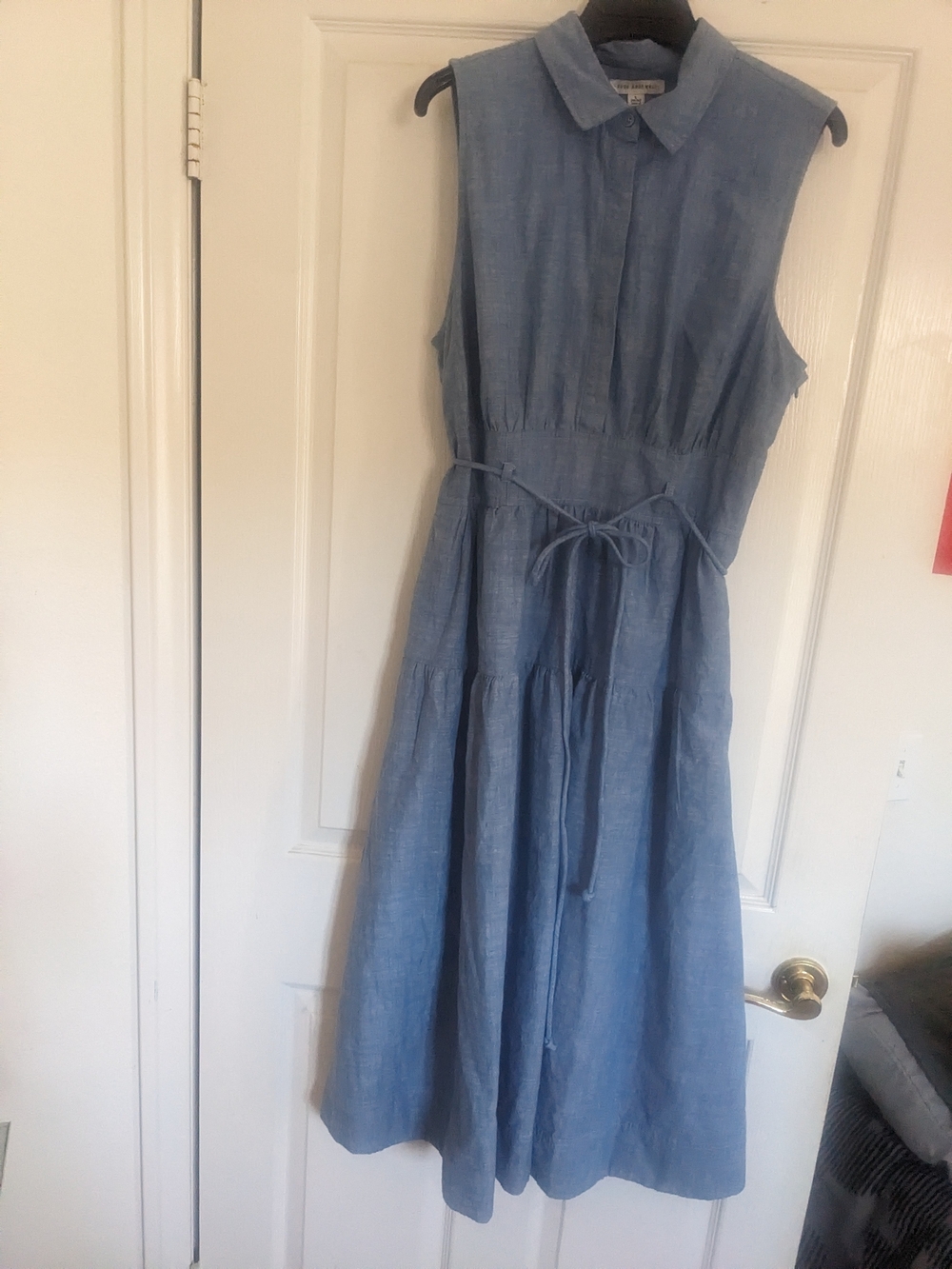 Sleeveless Collared Chambray Midi Dress with Waist Tie - Blue